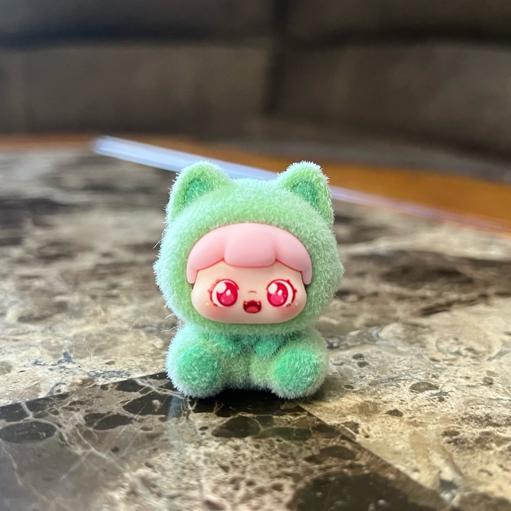 Cute Green Flocked Fuzzy Bear Figurine